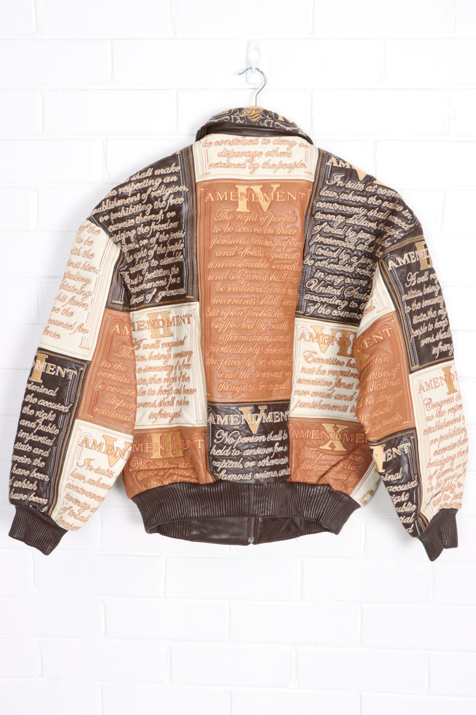 AL WISSAM Bill of Rights Amendment Embroidered Patchwork Leather Jacket (L)