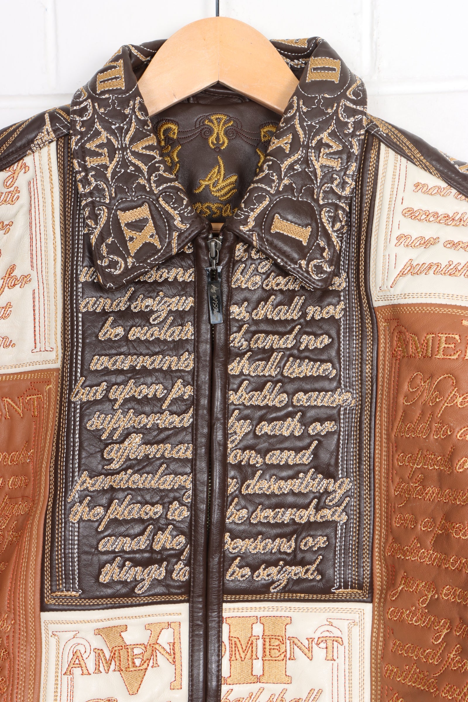 AL WISSAM Bill of Rights Amendment Embroidered Patchwork Leather Jacket (L)