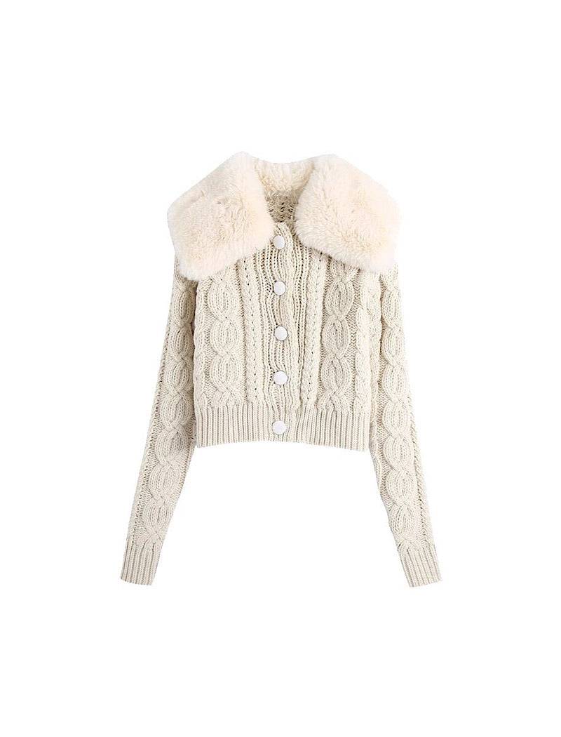 Beige Cable Knit Short Sweater With Faux Fur Collar