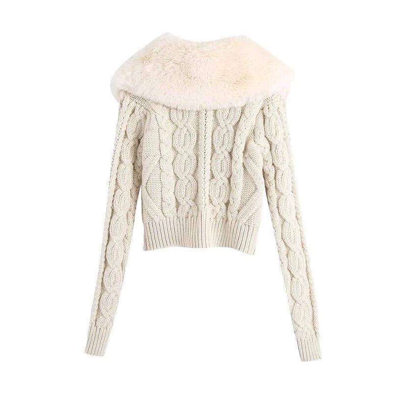 Beige Cable Knit Short Sweater With Faux Fur Collar