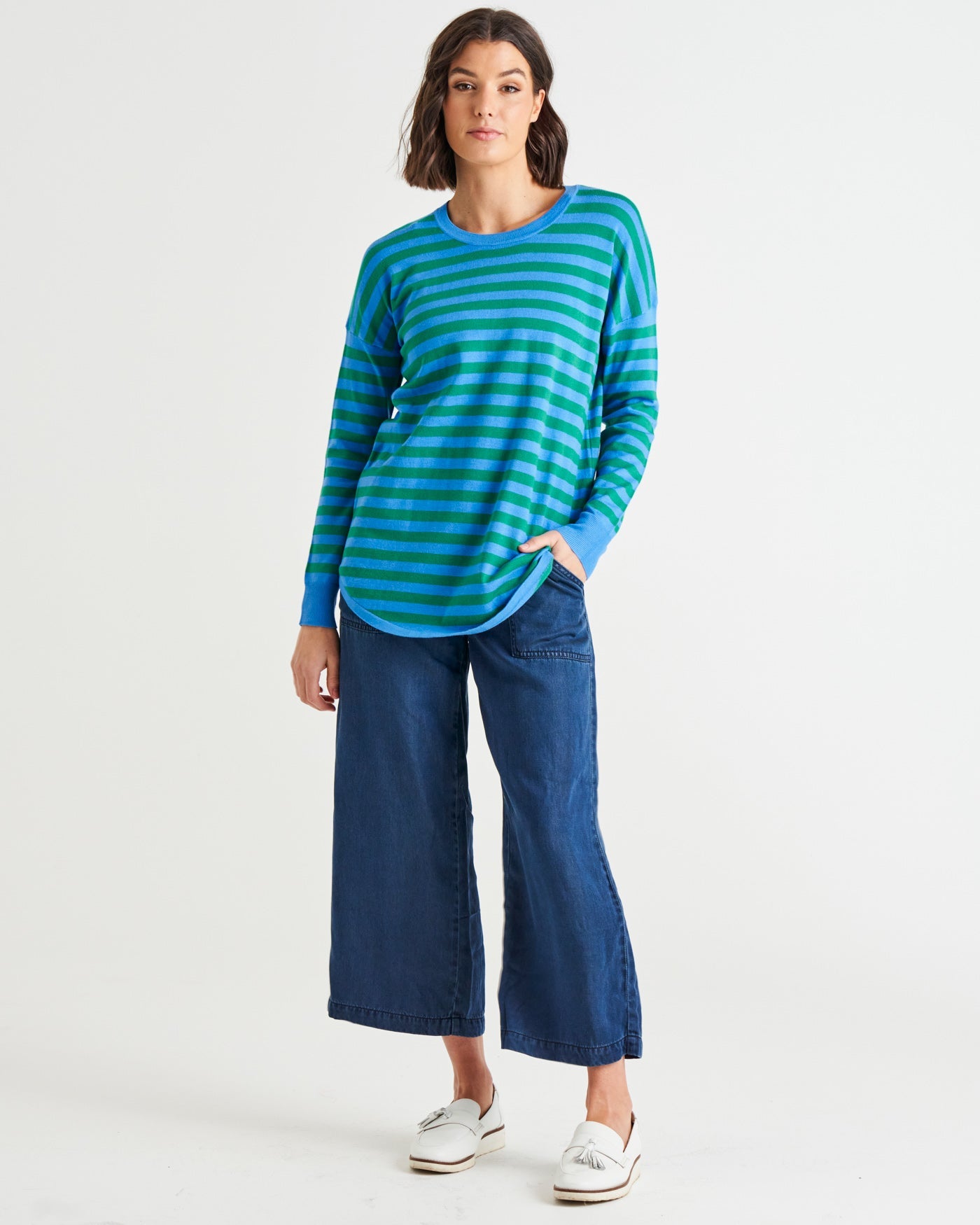 Betty Basics Sophie Knit Jumper - Green/Blue Stripe