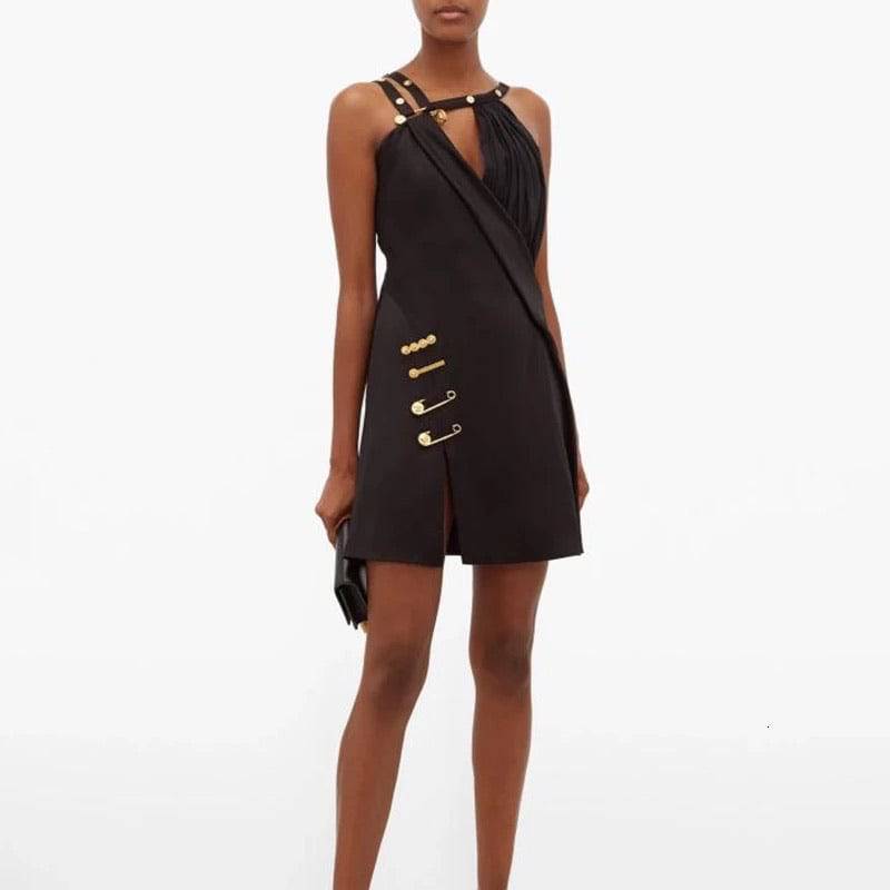 Black Gold Trim Asymmetrical Dress