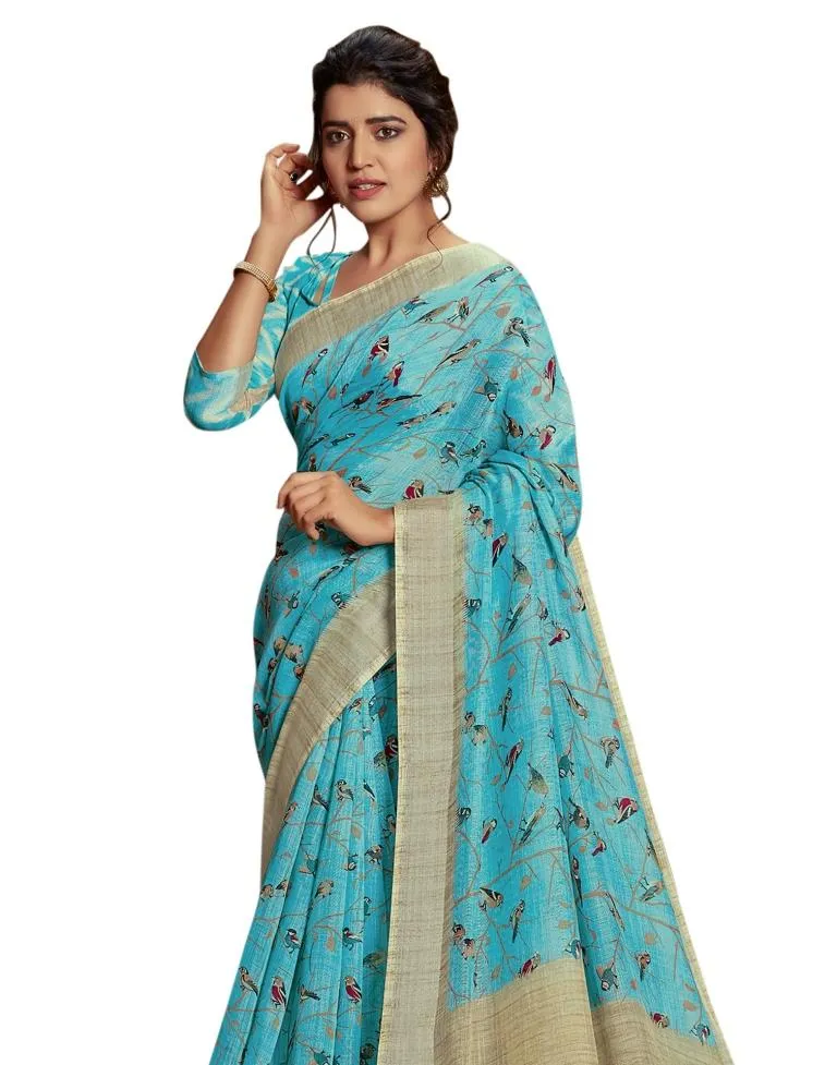 Blue Coloured Poly Cotton Printed Partywear saree