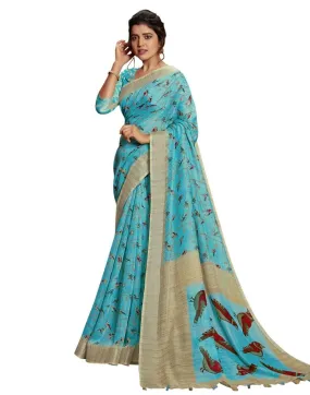 Blue Coloured Poly Cotton Printed Partywear saree