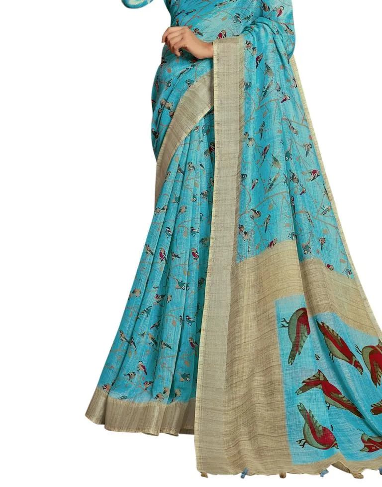 Blue Coloured Poly Cotton Printed Partywear saree