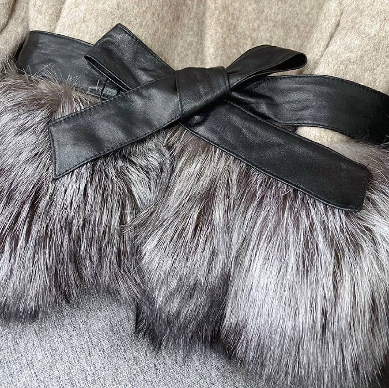 Cashmere Jacket with Dusty Black Fox Fur Trim Leather Waist Tie