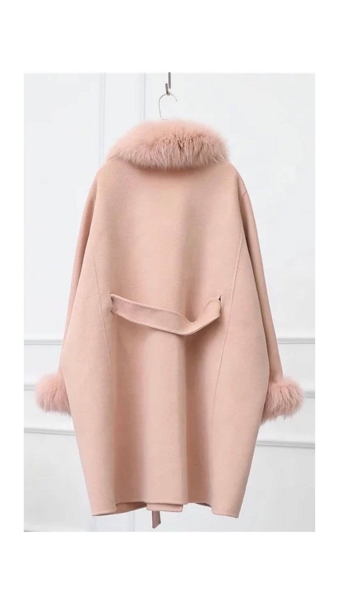 Cashmere Wool Removable Fox Fur Collar Belted Coat