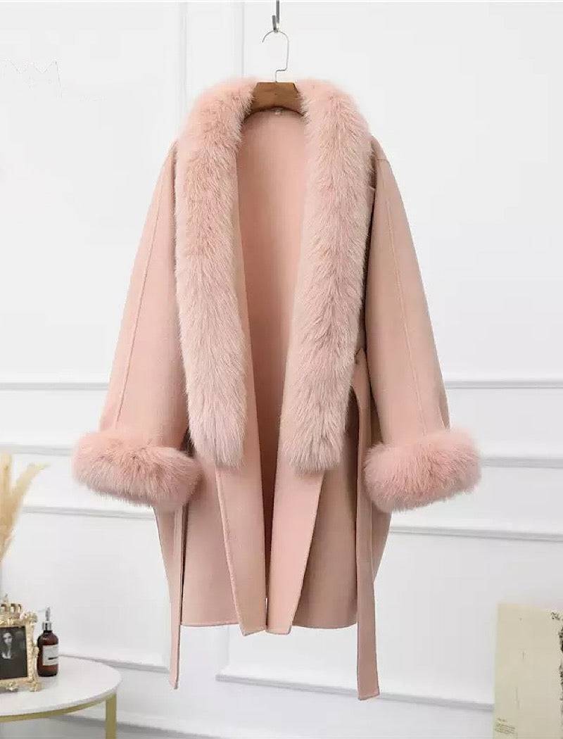 Cashmere Wool Removable Fox Fur Collar Belted Coat