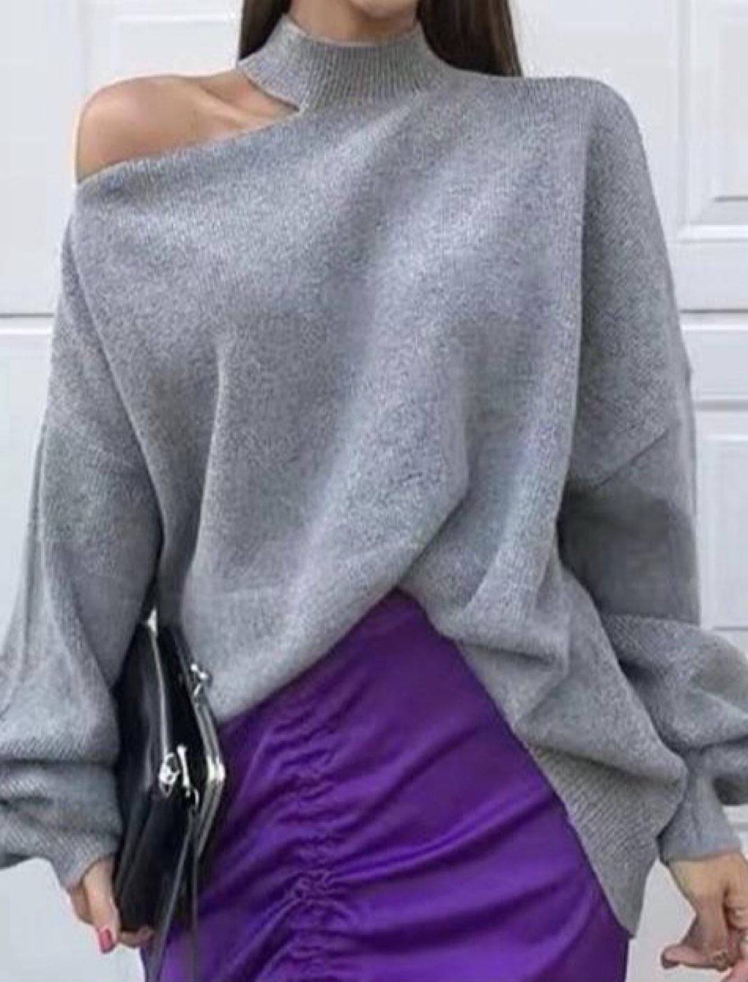 Cut Out Shoulder High Neck Knit Sweater