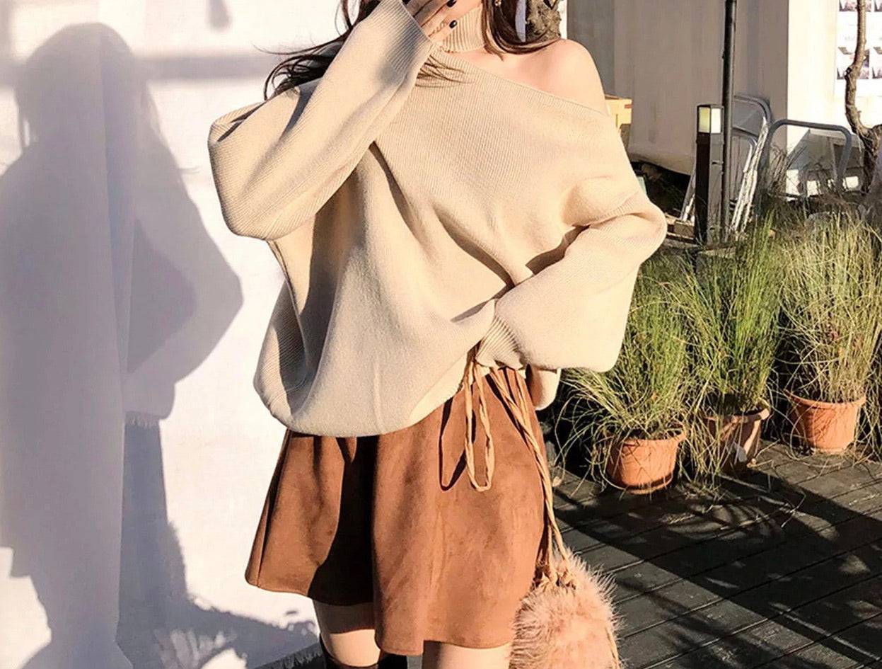 Cut Out Shoulder High Neck Knit Sweater