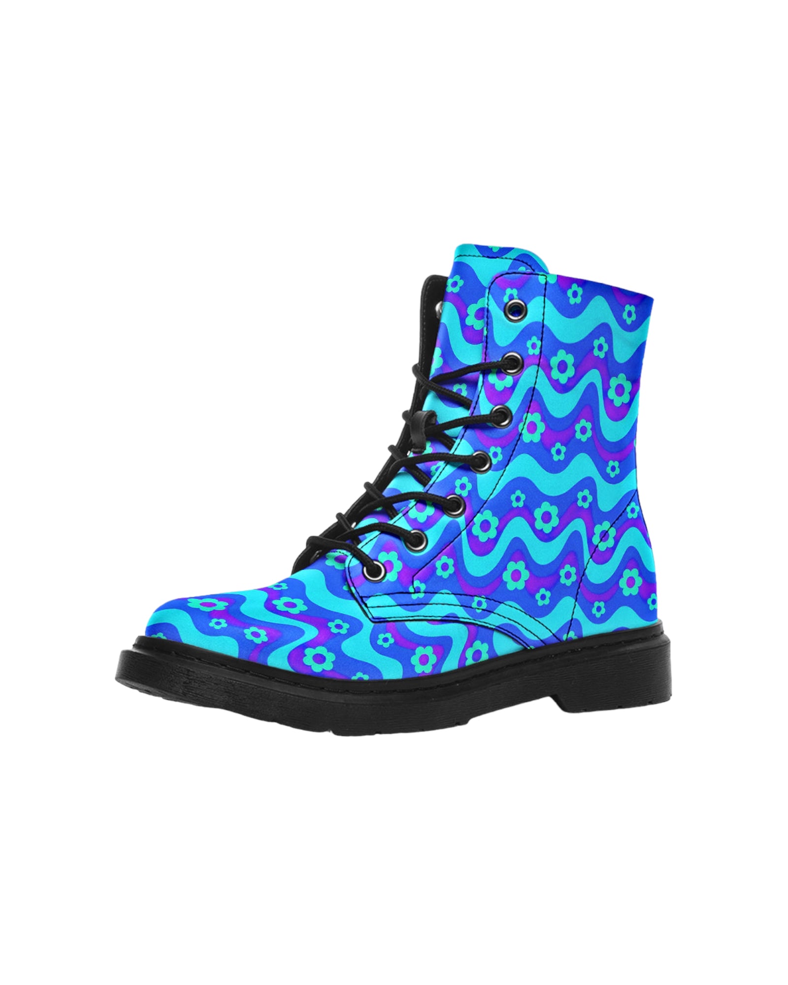 Flower Power Blue Combat Festival Boots