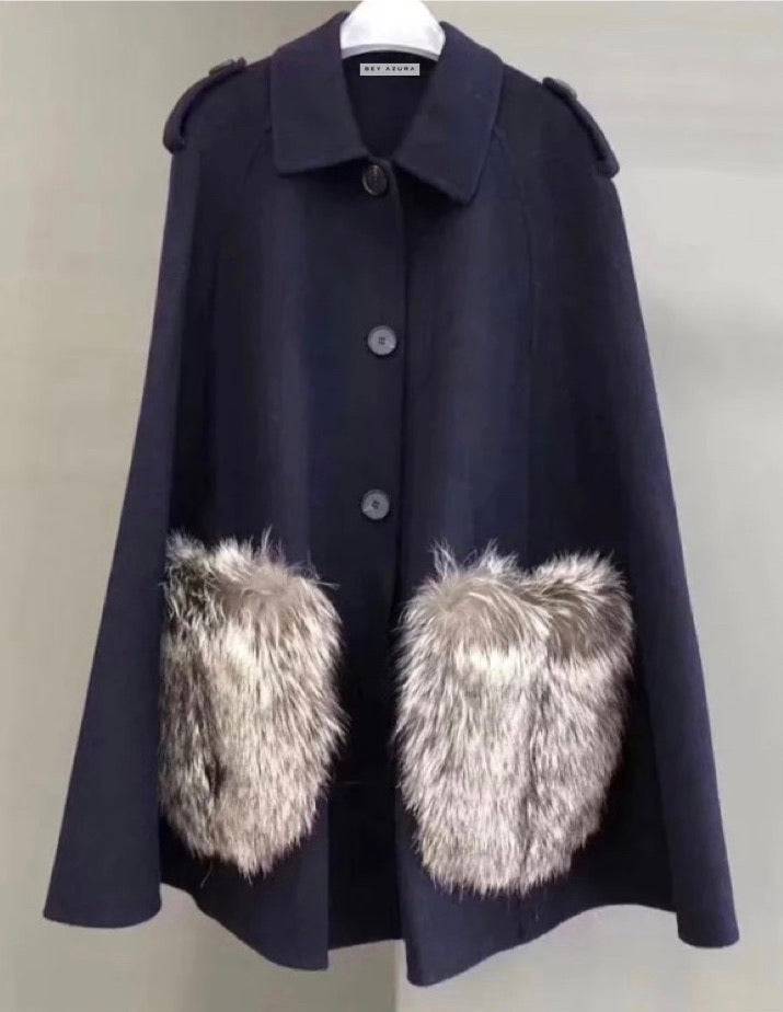 Fox Fur Patched Pocked Wool Cape Poncho