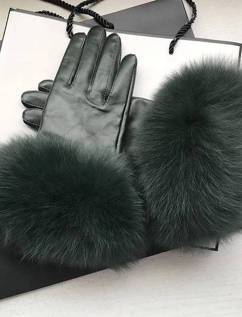 Genuine Fox Fur Trimmed Sheepskin Leather Gloves