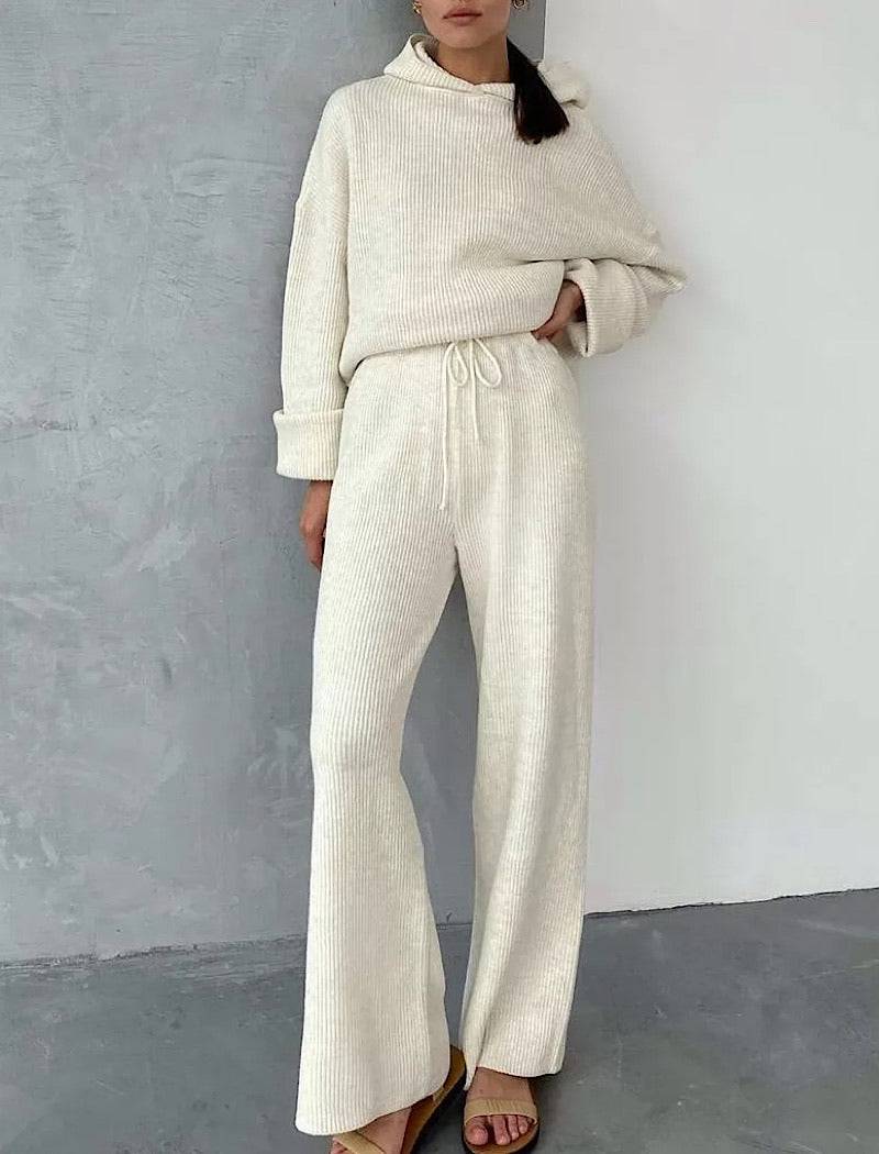 Hoodie Long Sleeve Top And Trouser Two Piece Knit Set