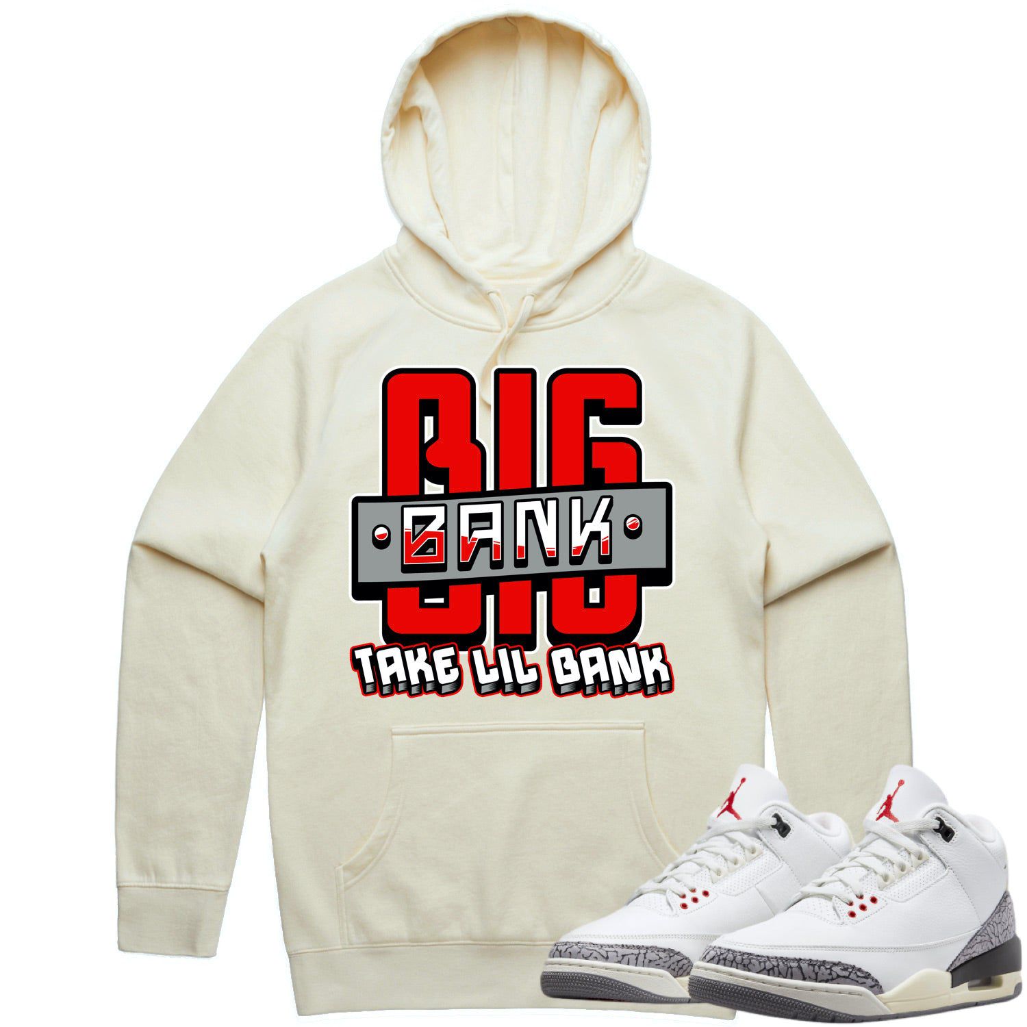 Jordan 3 White Cement 3s Hoodie to Match - RED BIG BANK