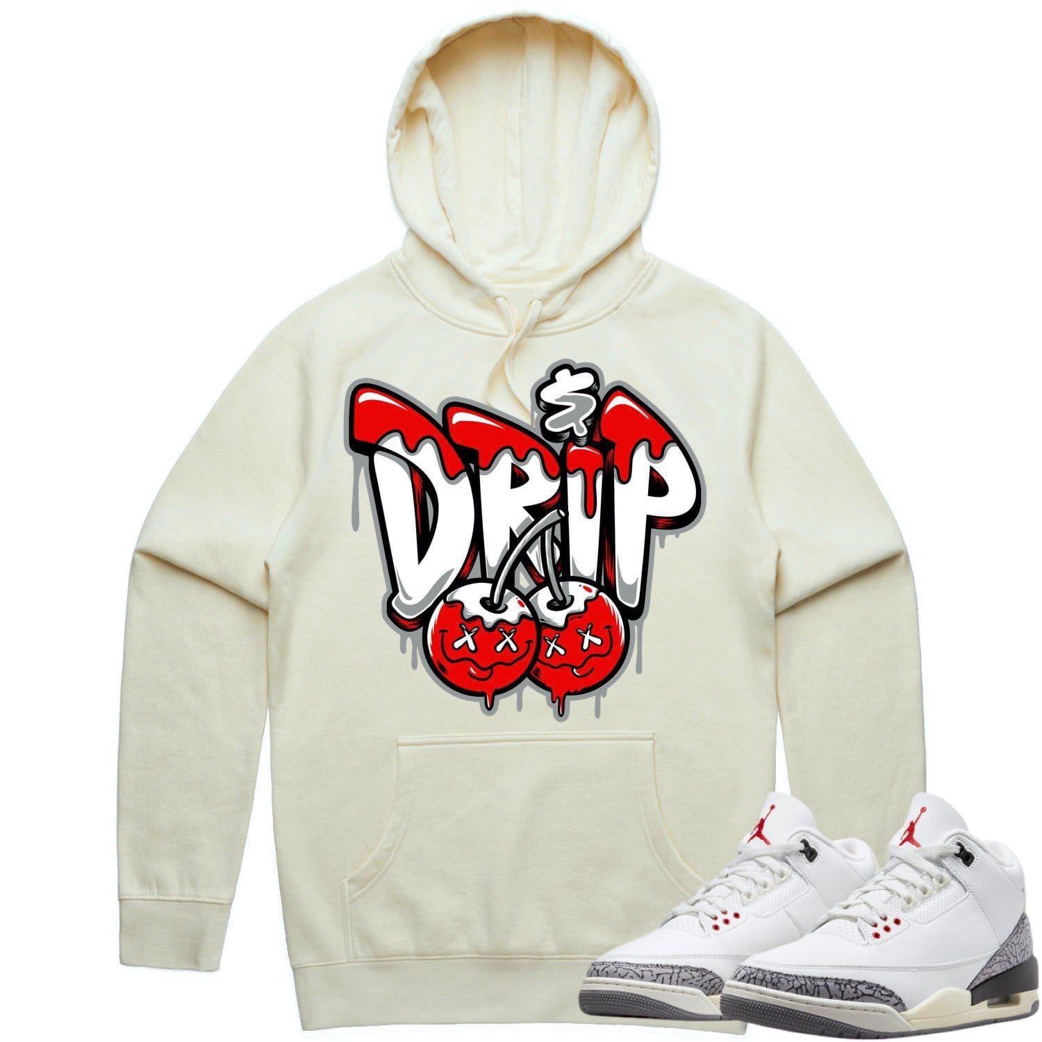 Jordan 3 White Cement 3s Hoodie to Match - RED MONEY DRIP