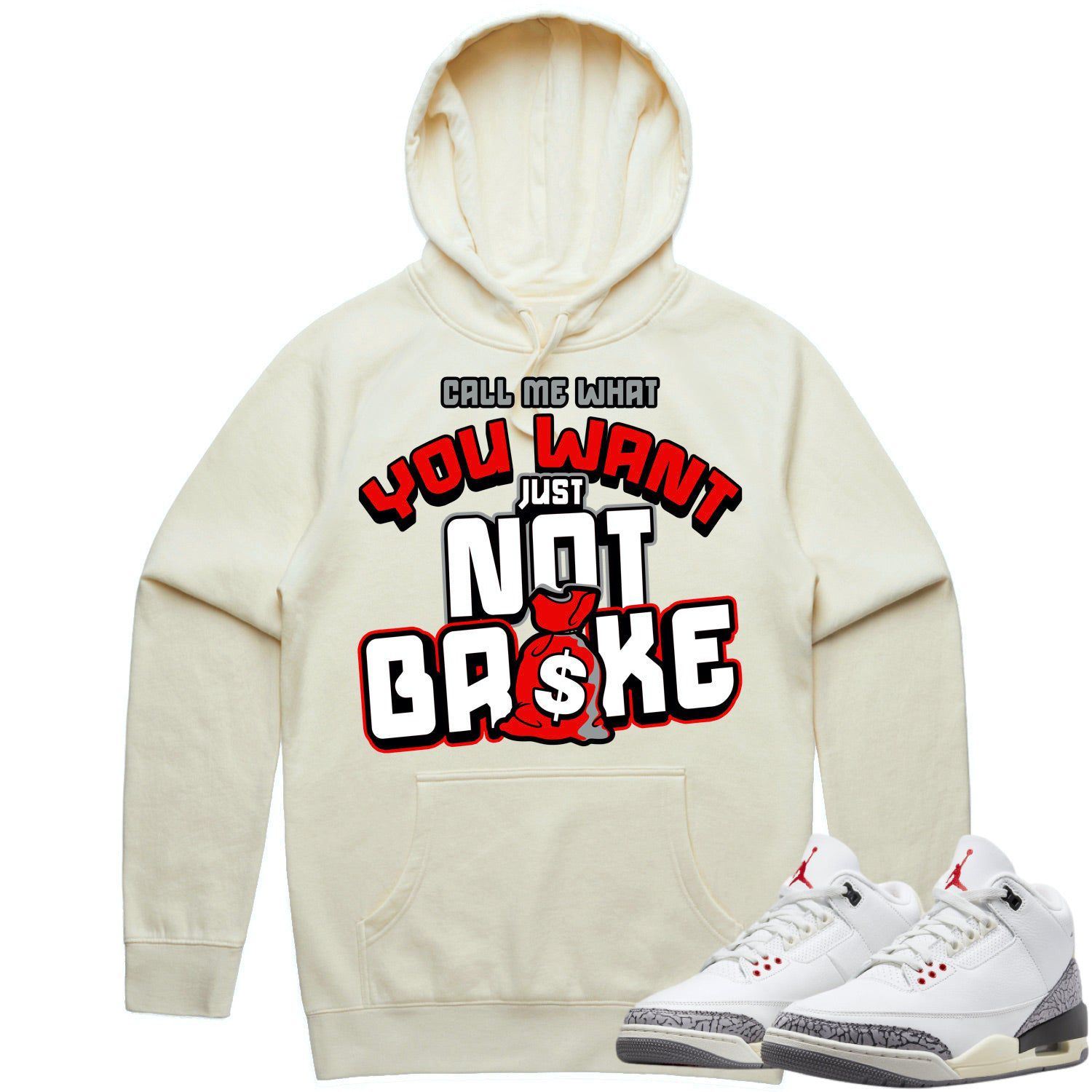 Jordan 3 White Cement 3s Hoodie to Match - RED NOT BROKE