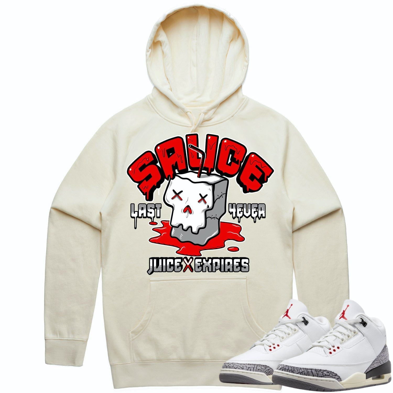 Jordan 3 White Cement 3s Hoodie to Match - RED SAUCE