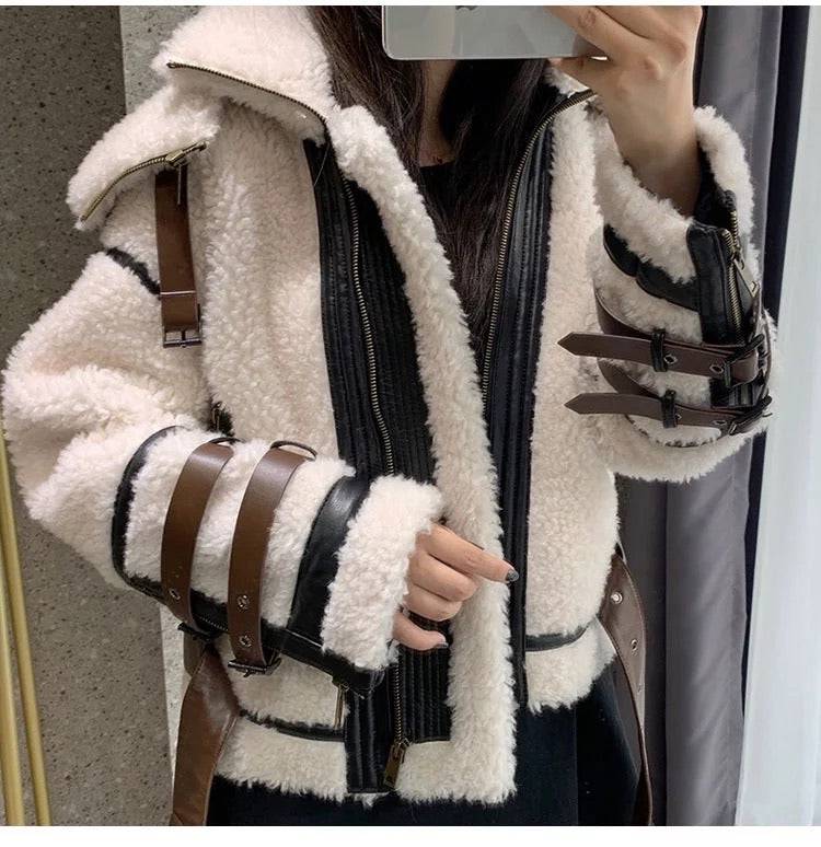 Lamb Wool Sheep Searing Fur Jacket With Stand Up Collar