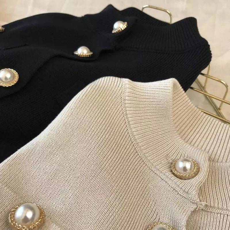 Lux Ribbed Knit Pearl Buttoned Cardigan