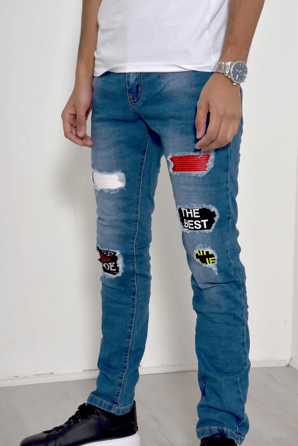 Mens Denim Patched Distressed Skinny Jeans