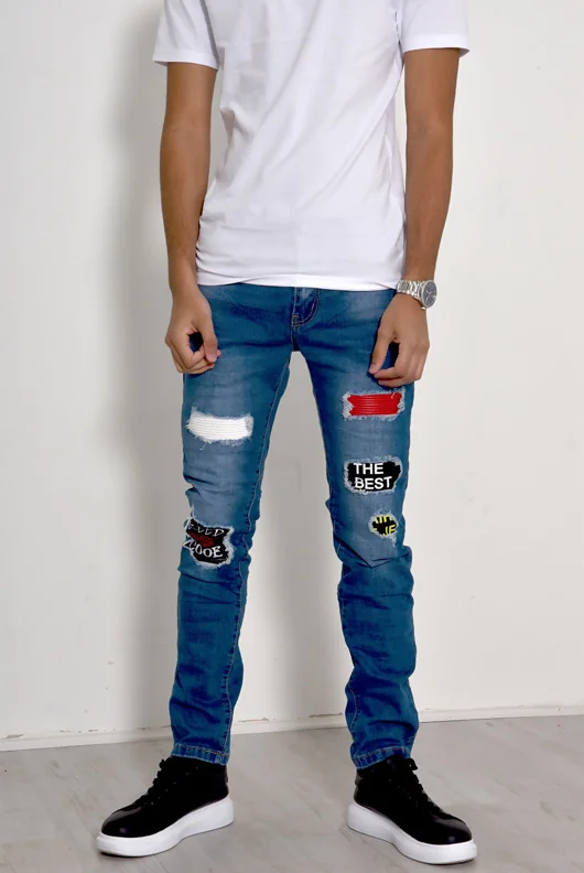 Mens Denim Patched Distressed Skinny Jeans