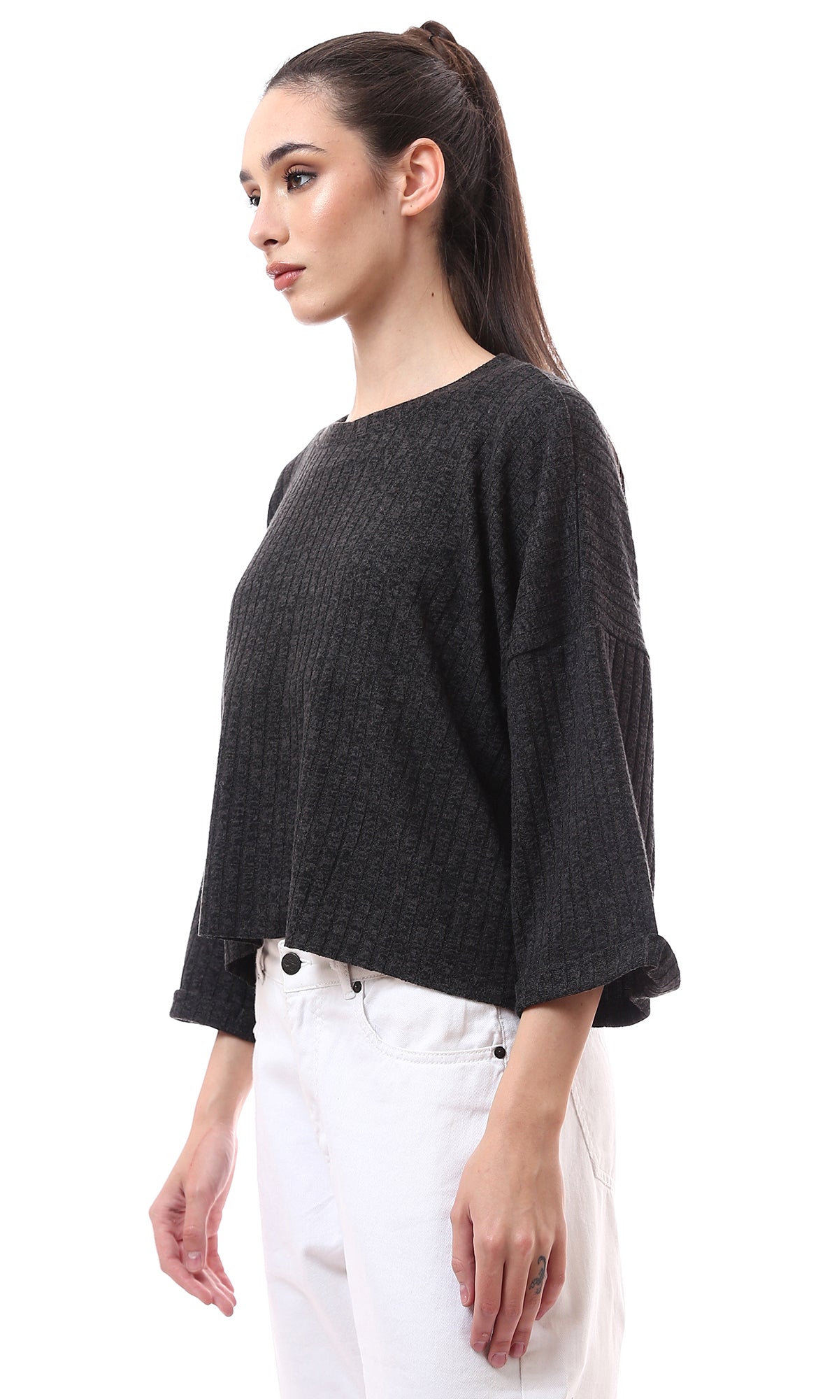 O176266 Lightweight Heather Dark Grey Ribbed Sweater