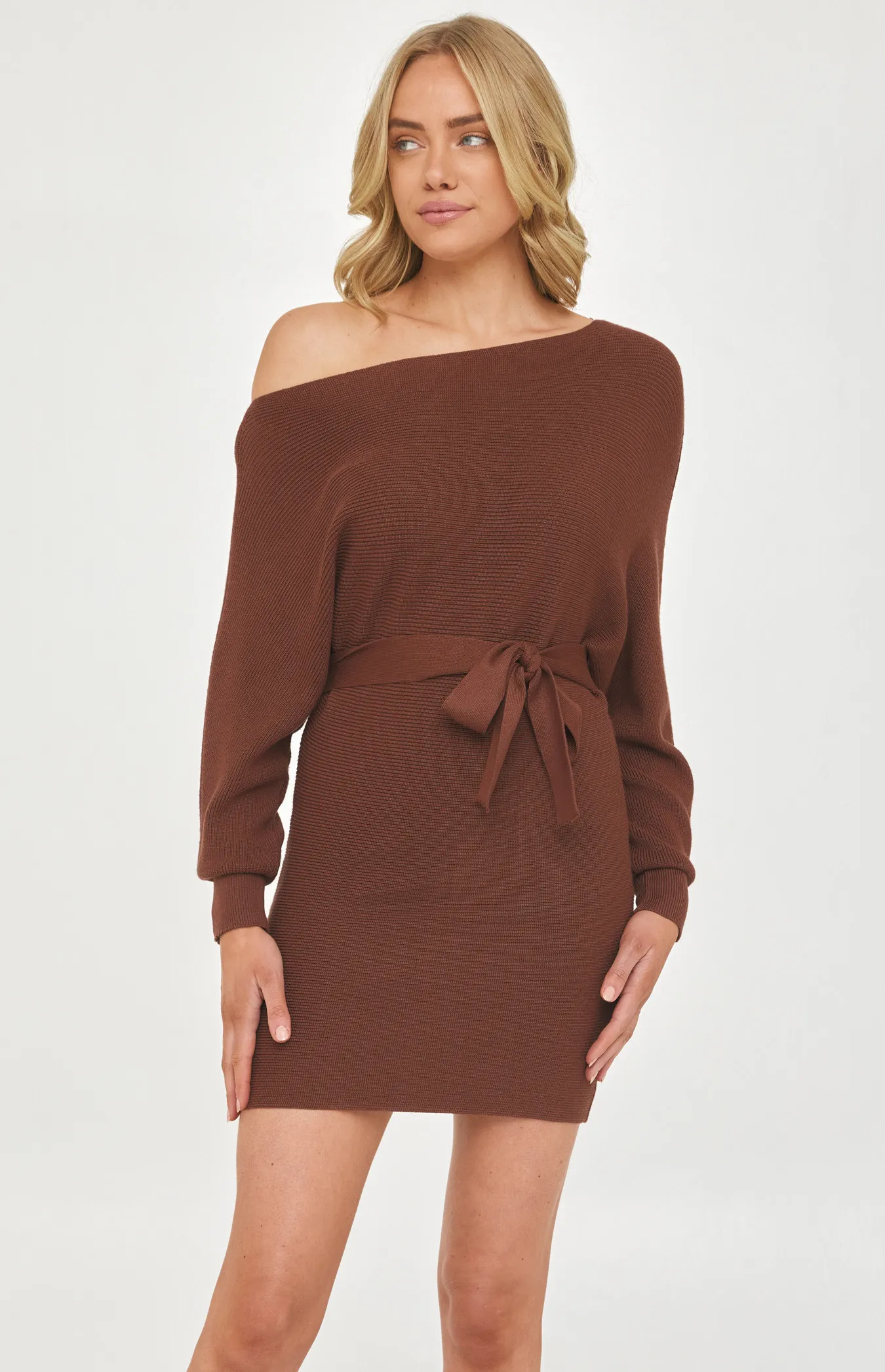 One Off Shoulder Knit Dress with Belt (WKN228)