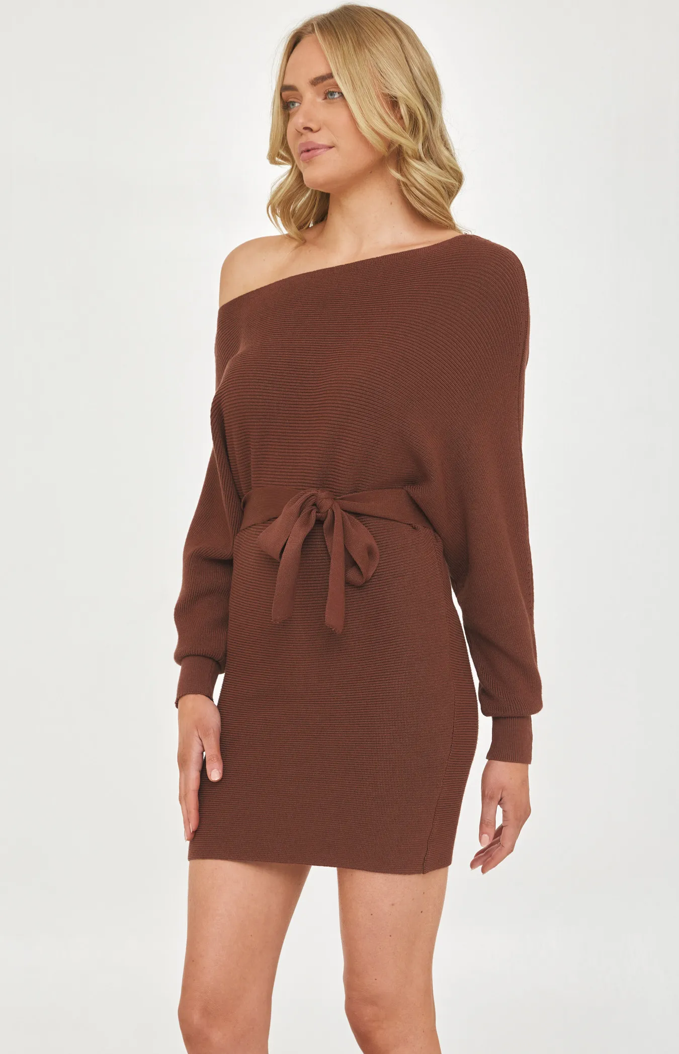 One Off Shoulder Knit Dress with Belt (WKN228)