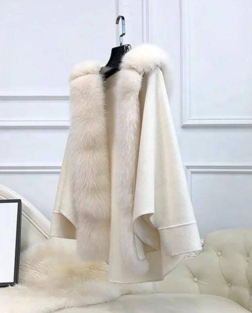 Oversized Australian Wool Fox Fur Trim Poncho sun White