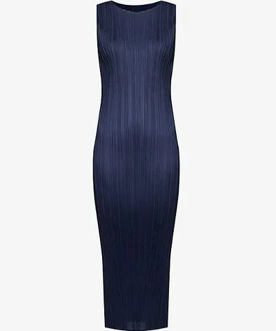 Pleats Please Issey Miyake Womens Navy Column sleeveless knitted midi dress