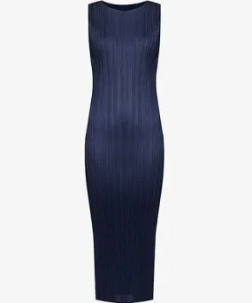 Pleats Please Issey Miyake Womens Navy Column sleeveless knitted midi dress