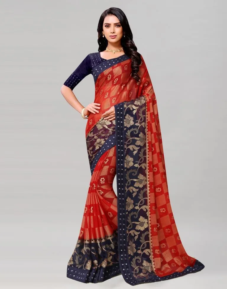 Red Coloured Brasso Embroidered Partywear saree