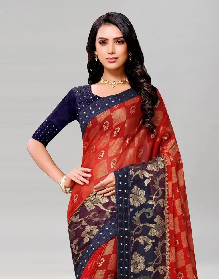 Red Coloured Brasso Embroidered Partywear saree