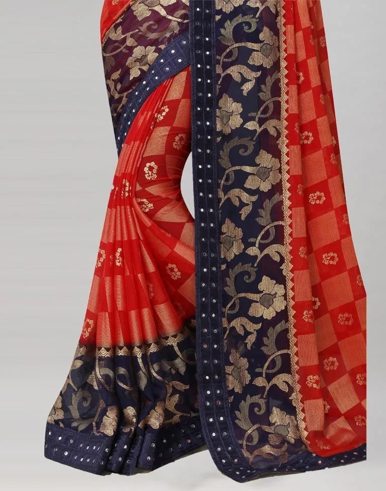 Red Coloured Brasso Embroidered Partywear saree