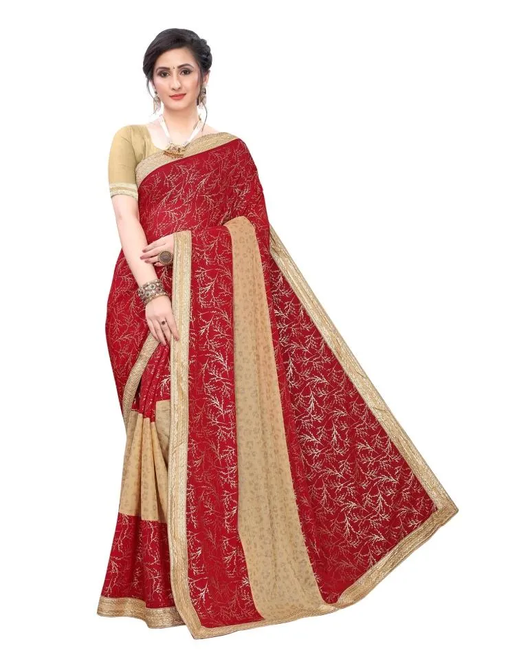 Red Coloured Lycra Printed Laced Partywear saree