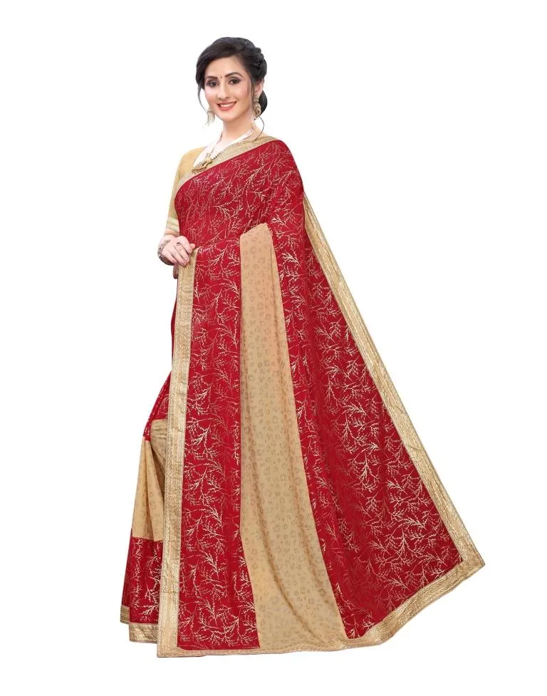 Red Coloured Lycra Printed Laced Partywear saree