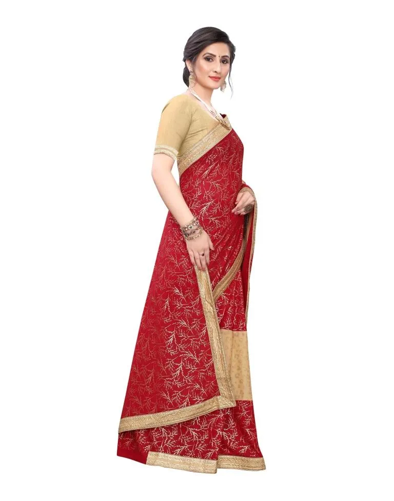 Red Coloured Lycra Printed Laced Partywear saree