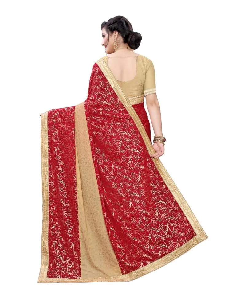 Red Coloured Lycra Printed Laced Partywear saree