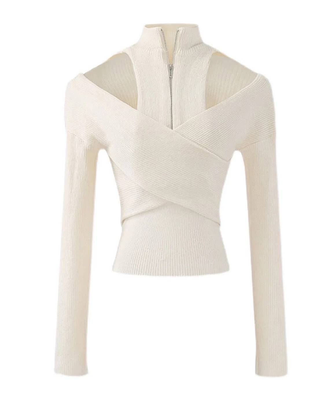 Ribbed Knit Wrap Zipped Sweater In White