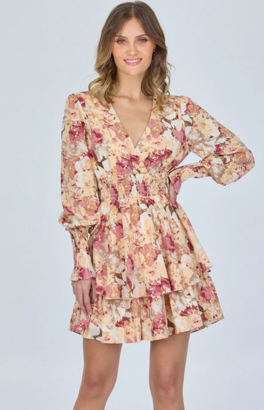 Satin Print Double Ruffle Hem Dress (SDR1037B)