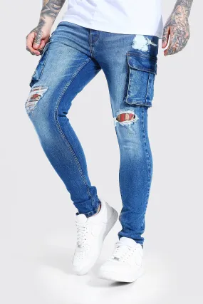 Super Skinny Multi Rip Cargo Jeans | boohooMAN UK