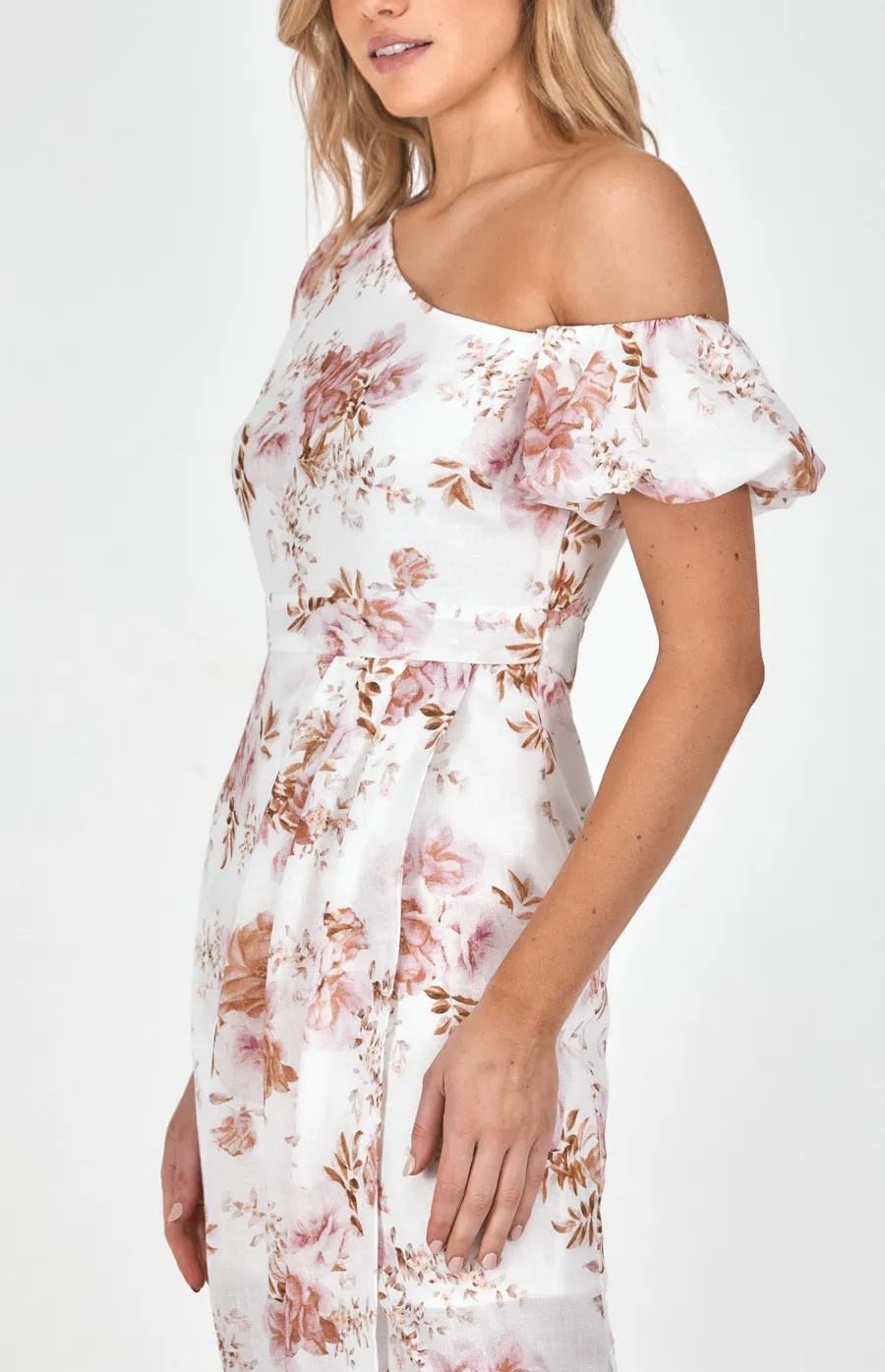 Textured Floral Asymmetric Sleeve Dress with Tulip Hem (SDR1170A)