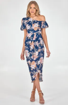 Textured Floral Asymmetric Sleeve Dress with Tulip Hem (SDR1170A)