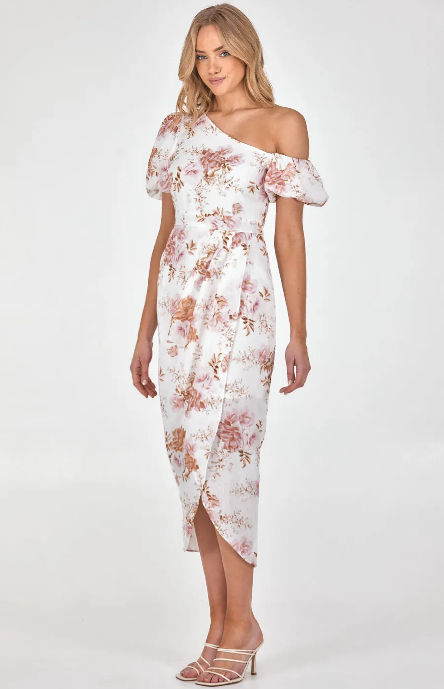 Textured Floral Asymmetric Sleeve Dress with Tulip Hem (SDR1170A)