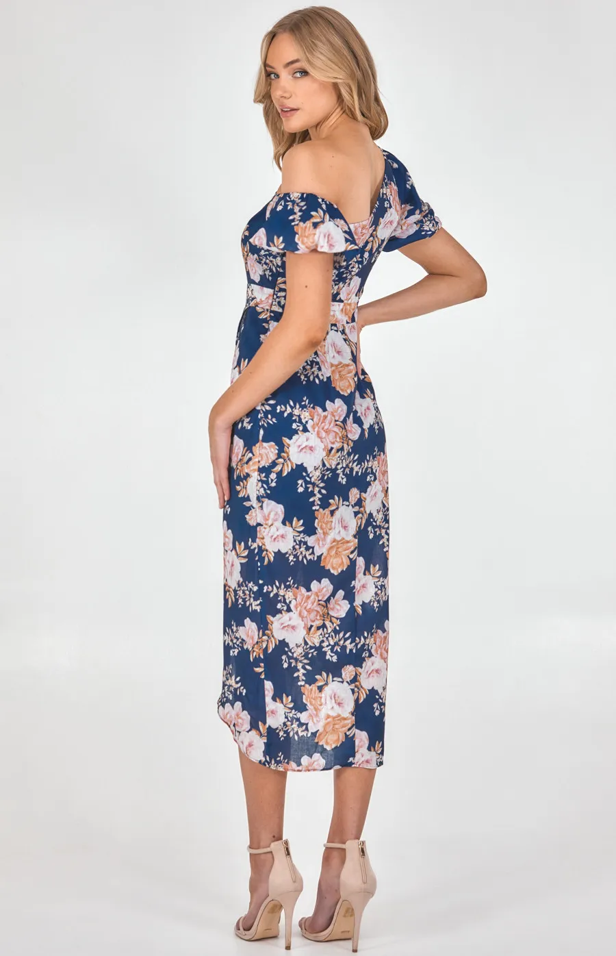 Textured Floral Asymmetric Sleeve Dress with Tulip Hem (SDR1170A)