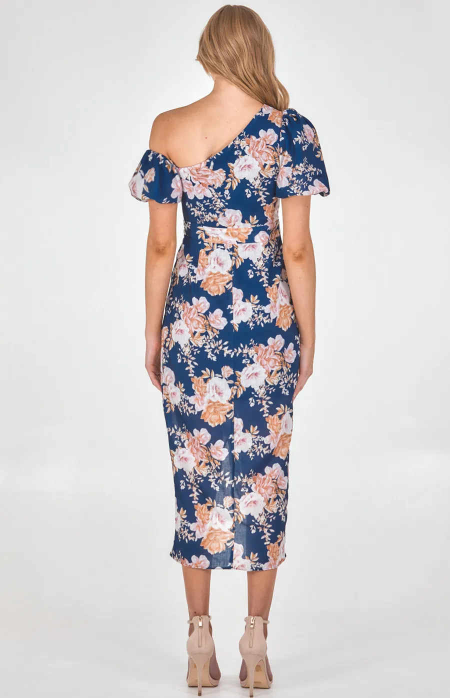 Textured Floral Asymmetric Sleeve Dress with Tulip Hem (SDR1170A)