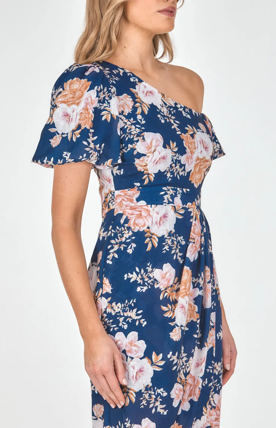 Textured Floral Asymmetric Sleeve Dress with Tulip Hem (SDR1170A)