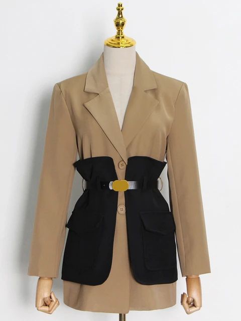 TWOTWINSTYLE Patchwork Colorblock Blazer Coats For Female Lapel Collar Long Sleeve High Waist Slimming Women's Coat 28336