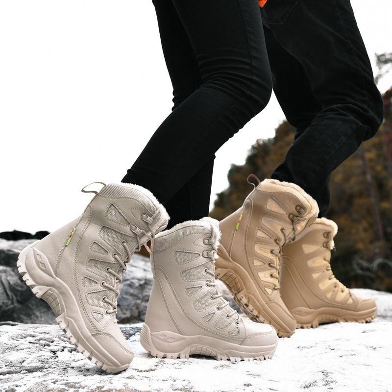 Winter Warm Plush Fur Waterproof Leather Snow Boots for Outdoor Work and Combat